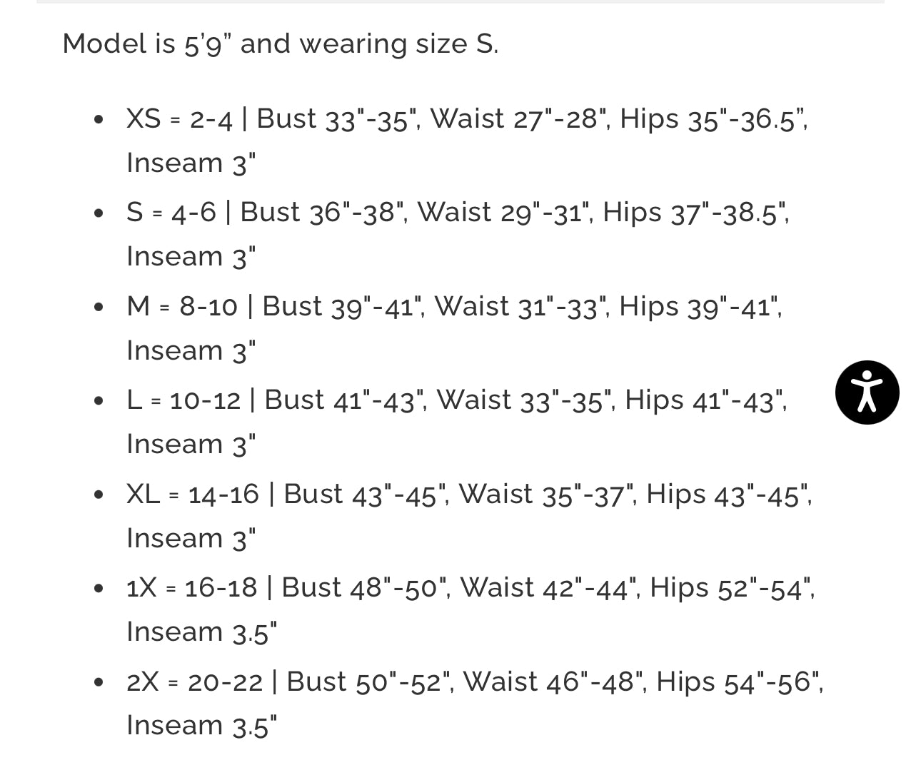 The Annie Shorts Set size chart shows bust, waist, hips, inseam for sizes XS–2X with conversions. Accessibility icon on right.
