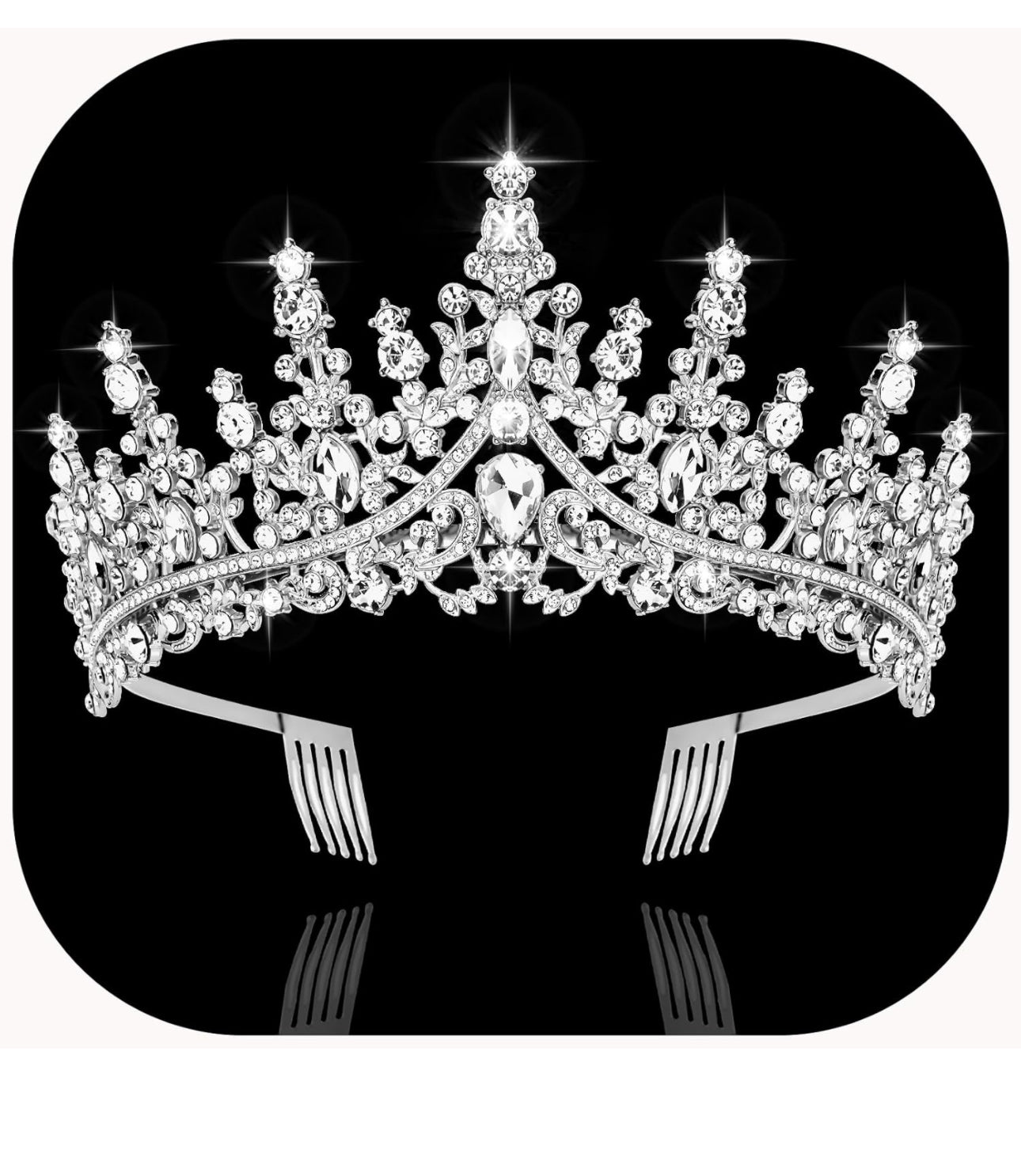 Sparkling silver tiara with clear crystals, ornate design, combs on each side. Available sizes: small, medium, large.