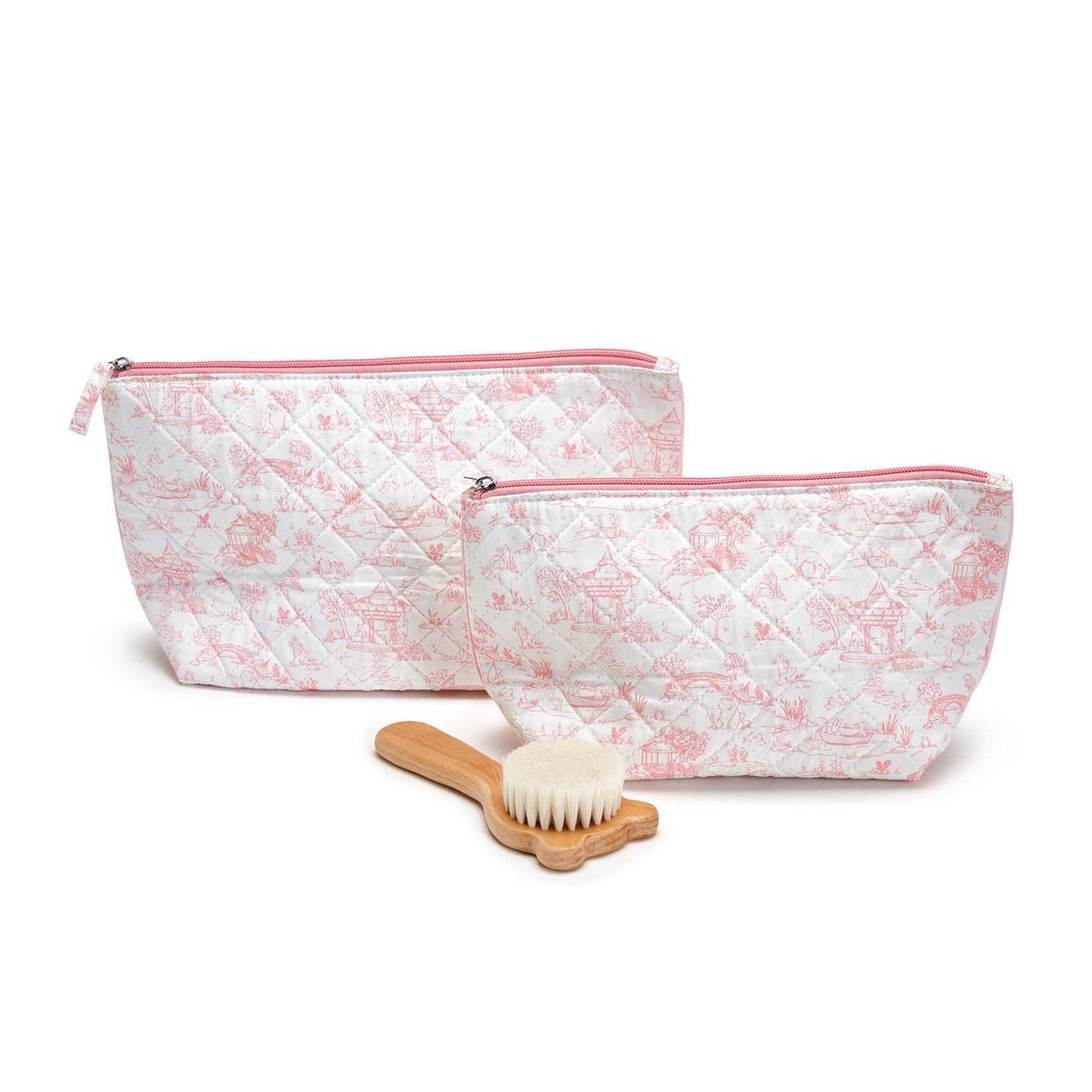 Set of 2 quilted multipurpose pouches, white and pink, animal toile print; two sizes available.
