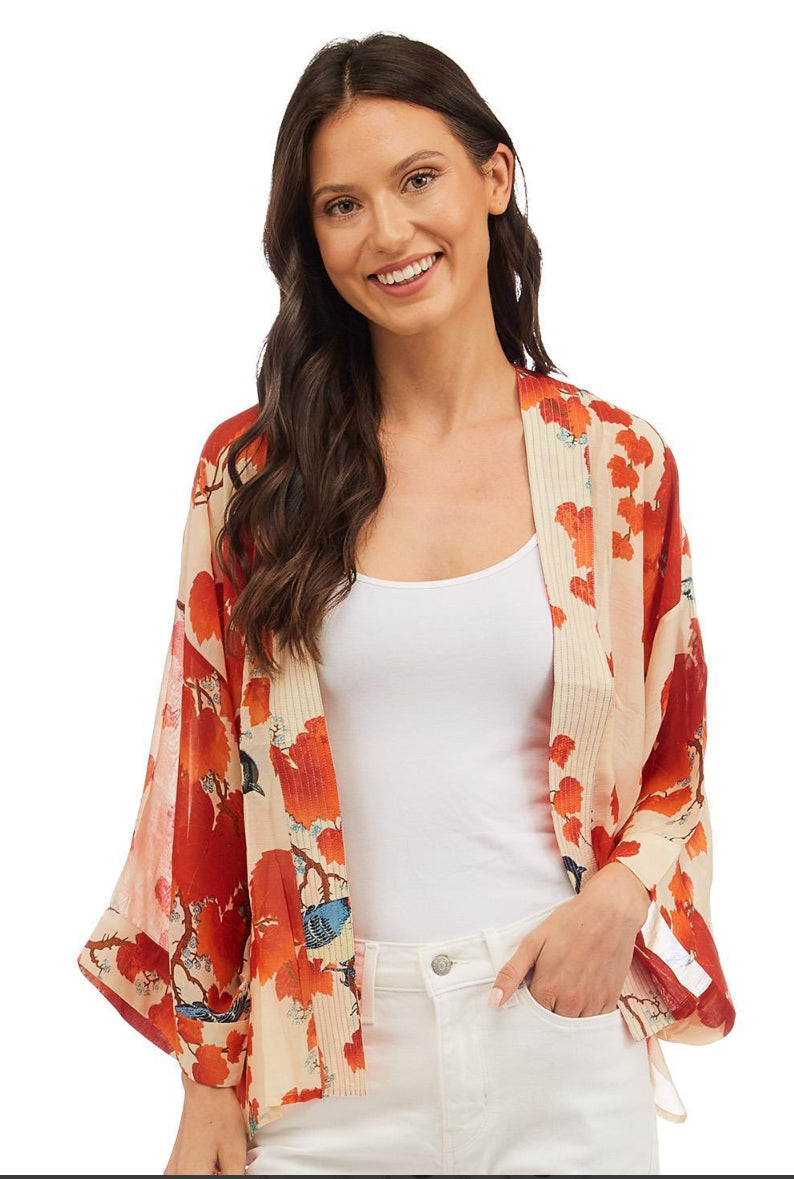 Blossom Branch Print Red Short Kimono with vibrant patterns. Available in sizes S, M, L, XL.