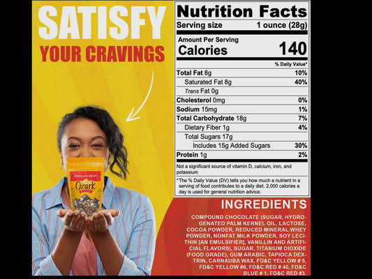 Chocolate Rocks candy, available in 4oz bags. "SATISFY YOUR CRAVINGS" with nutrition facts and ingredients shown.