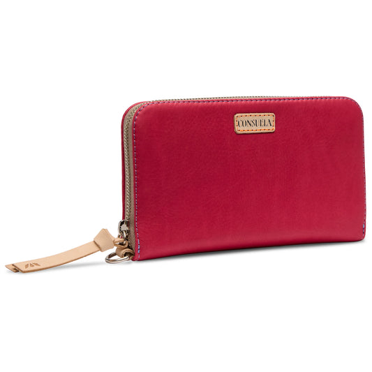 Red leather wallet with tan zipper pull, metal "CONSUELO" logo. Available in small, medium, and large sizes.
