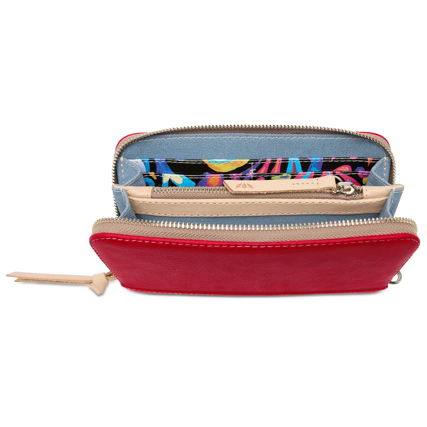 Red leather Essential Wallet, beige zipper, blue/multicolor interior, card slots, zip pocket. Sizes: S, M, L.