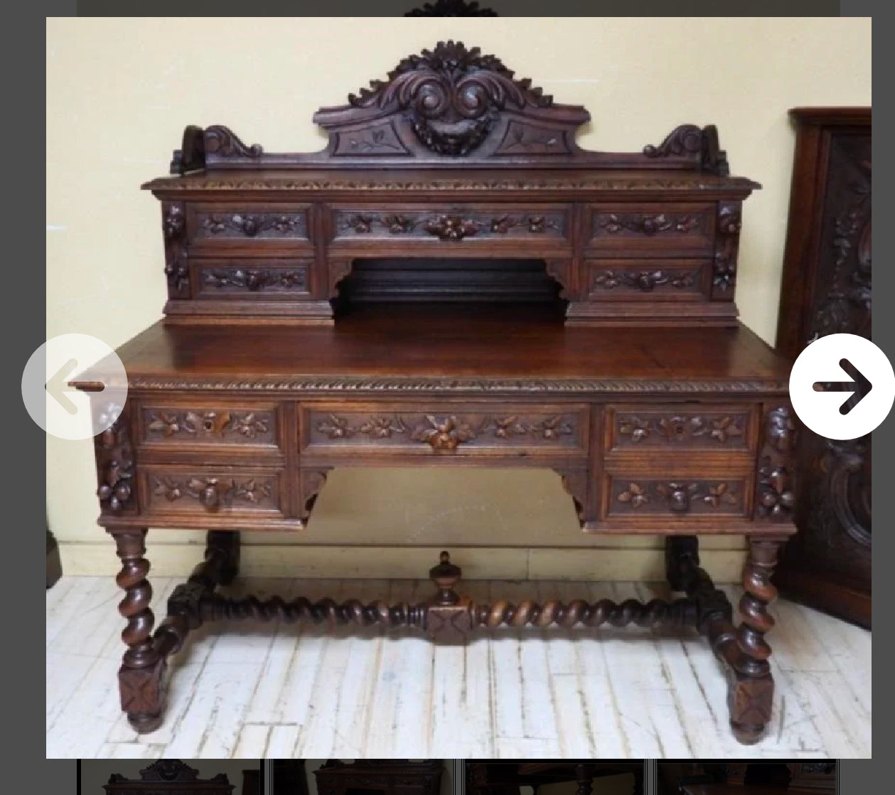 Louis XIII Style Barley Twist Oak Desk with carved floral details, raised back, small drawers, turned legs. Sizes: 48", 60".