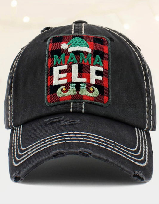 Black distressed baseball cap with white stitching, "MAMA ELF" patch, elf shoes and hat. Available in one size fits most.