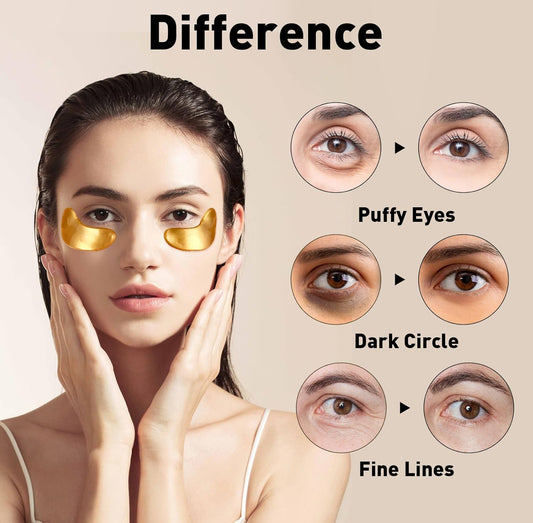 Crystal Collagen Gold Powder Eye Mask shown in S, M, L; close-ups reveal less puffiness, fewer lines, lighter dark circles.