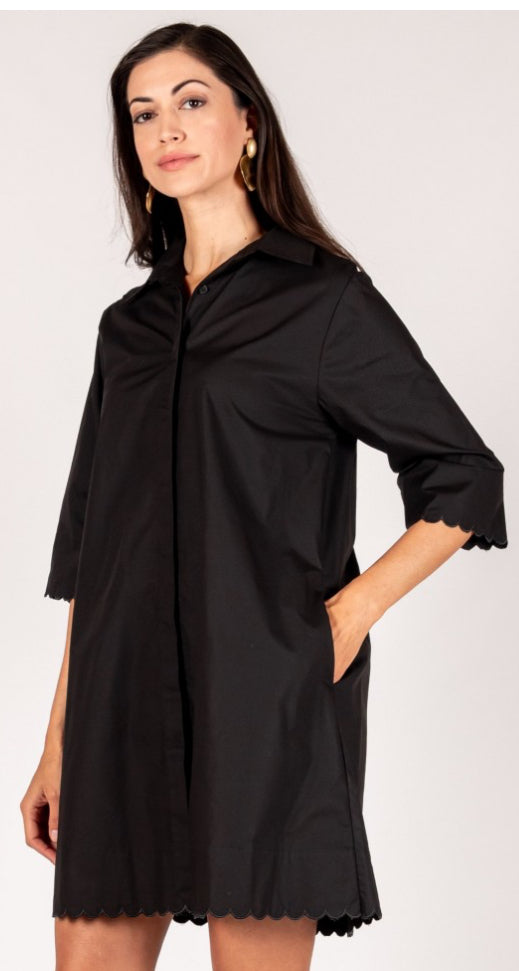 The product is a Black Poplin Button Up Dress featuring a scalloped hem. Dress sizes range from XS to XL.