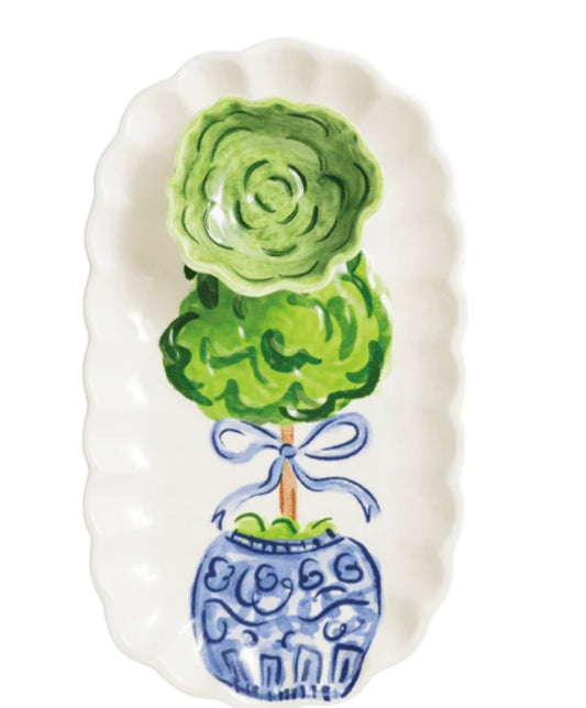 Rectangular hand-painted ceramic tray with scalloped edges. Available sizes: small, medium, large.