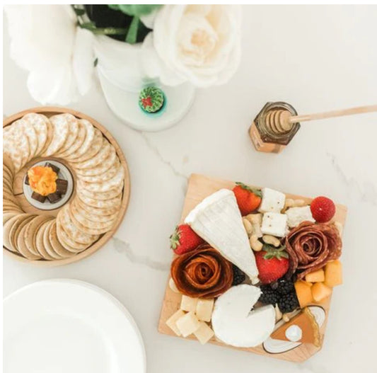 Maple Cheese Board by J.K. Adams: Neatly arranged charcuterie board with assorted cheeses, strawberries, and rose-shaped cured meats. Sizes available: 12" x 8", 20" x 14".