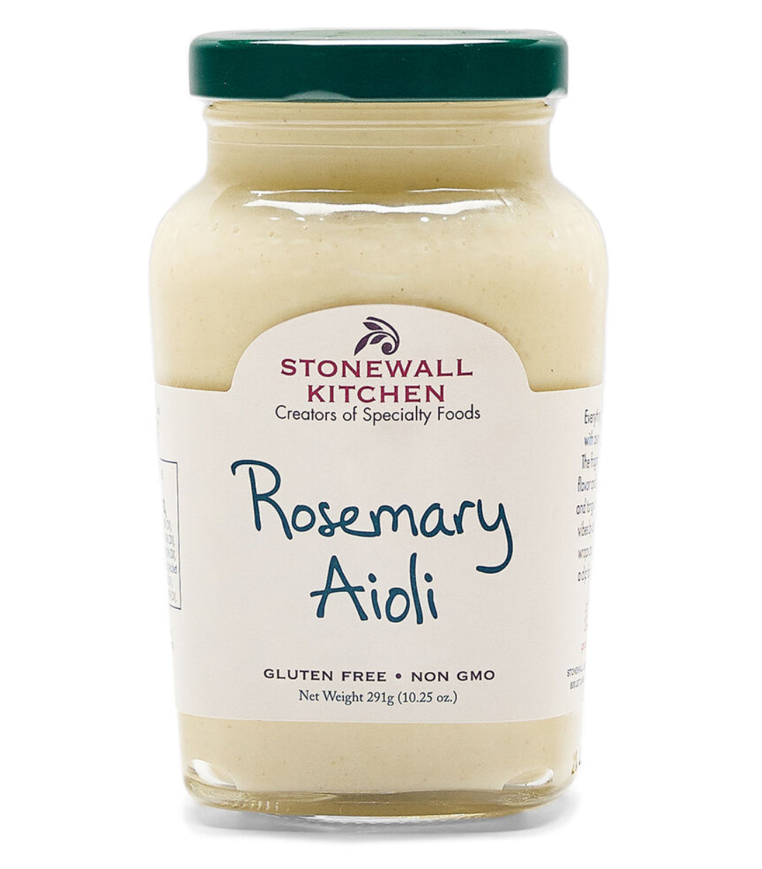 10.25 oz glass jar of Rosemary Aioli with green lid; gluten free, non-GMO.