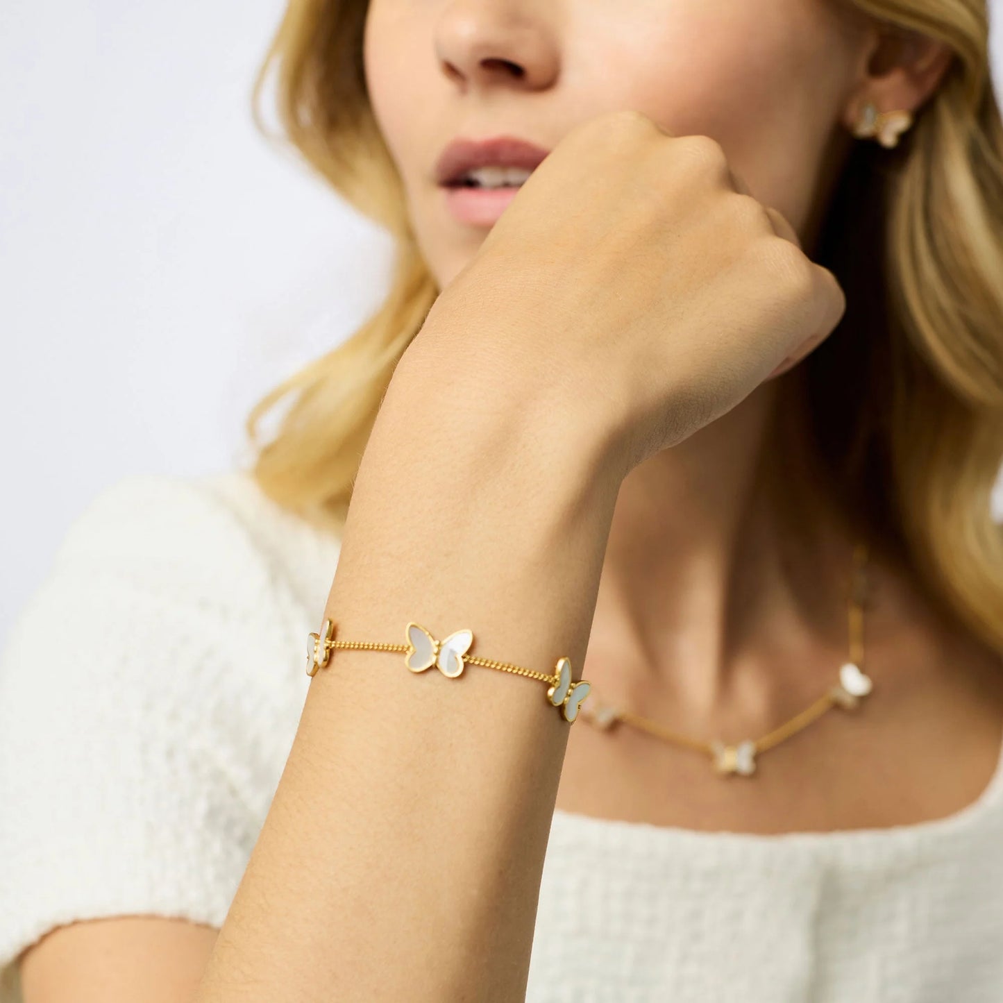 Papillon Delicate Bracelet-Mother of Pearl: 24K gold plated butterfly charm. Available in S, M, L sizes.