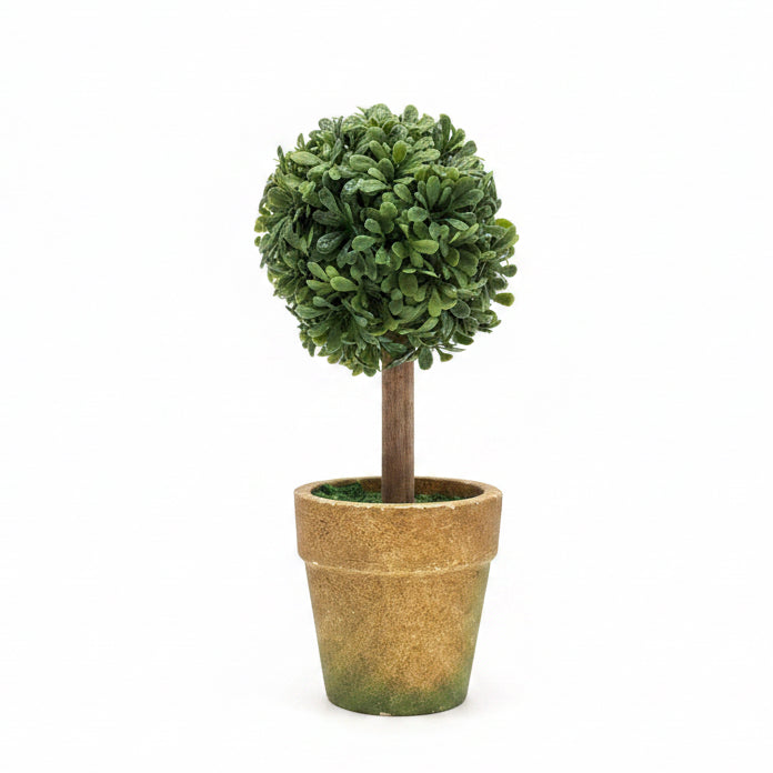 Faux Topiary In Pot with dense green ball-shaped leaves in a brown textured planter; available in multiple sizes.