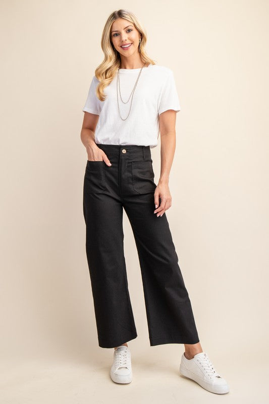 Ankle Cropped Summer Pants in stretchy denim-like fabric, available in sizes XS–XL.