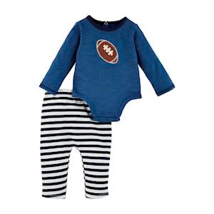Blue long sleeve romper with football graphic, black and white striped jersey pants. Sizes: NB, 3M, 6M, 9M.