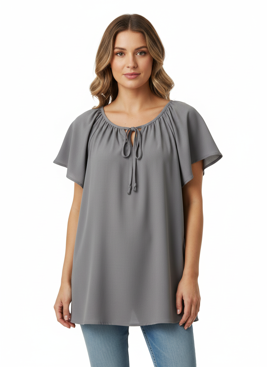 Grey Bow Woven Neck Line Top | P.S Love