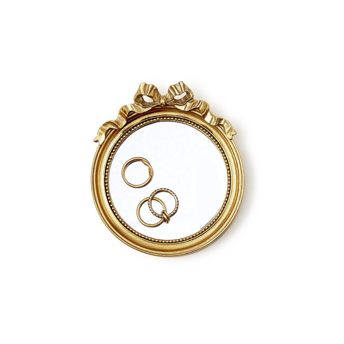 Vintage Round Mirror Gold Trinket Tray with accent bow, decorative gold frame. Available in 6", 8", and 10" sizes.