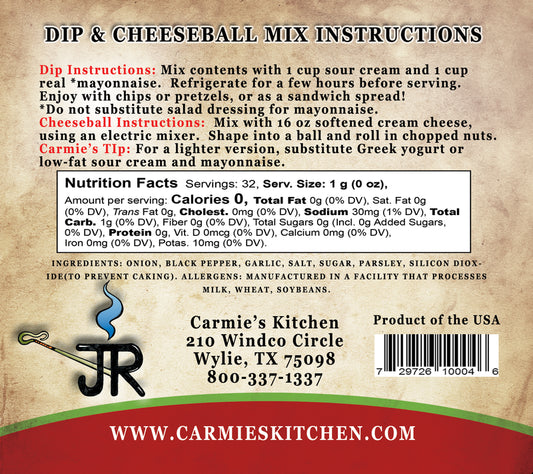 Back of JR’S Ranch Dip & Cheeseball Mix package with directions, nutrition info, contact details, barcode; 1.1 oz size shown.