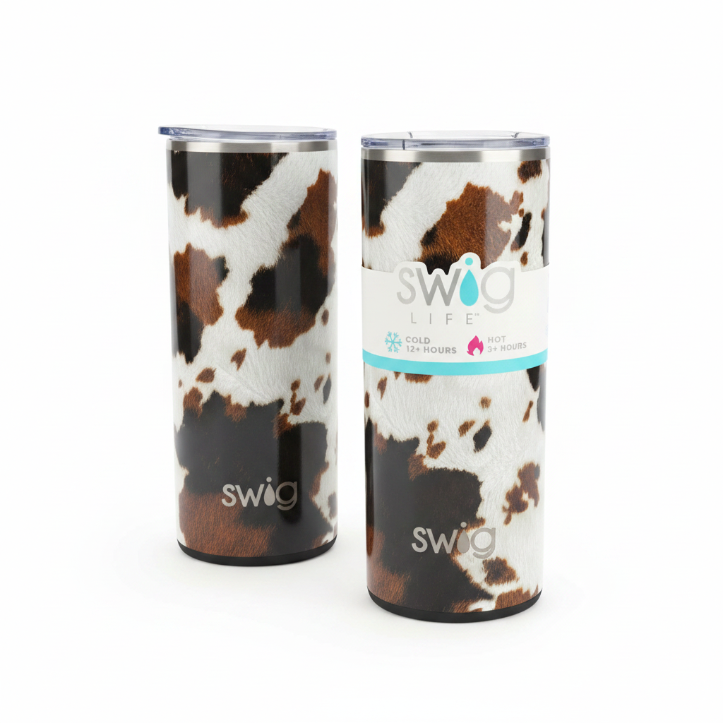 Two 20oz triple-insulated cow print party cups with clear lids, "swig" branding, and nonslip silicone bases.
