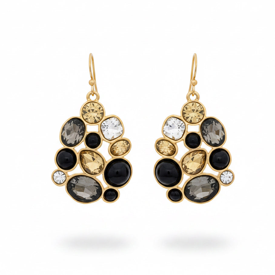 Talec Black Multi Stone Chandelier Earrings with gold drop settings and organically clustered round and oval gemstones in black, clear, smoky gray, and light yellow. Available sizes: one size.