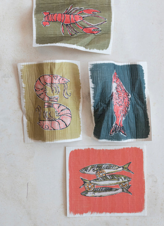 Set of four colorful, hand-drawn seafood stickers (lobster, shrimp, fish, sardines). Available in 2" and 3" sizes.