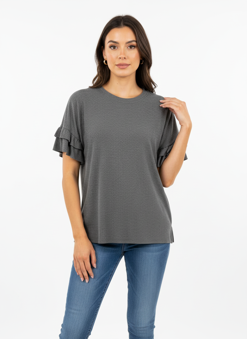 Grey Ruffled Short Sleeve Top by White Birch features elegant ruffled sleeves. Available in sizes S-XL.