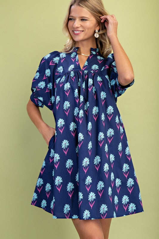 Midnight Floral Print Mini Dress: navy cotton, puffed sleeves, pink/blue floral print. Available in XS-XL.