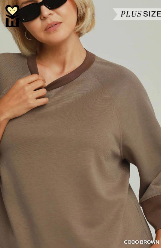 Coco Brown Color Block Straight Pants in plus sizes, featuring a breathable, straight-leg design. Sizes available: Plus Size.