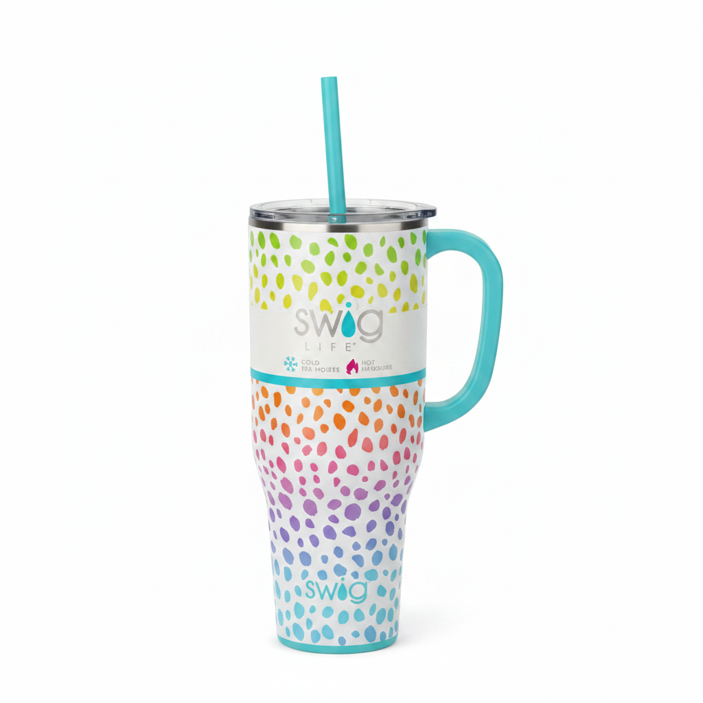 40oz Wild Child Mega Tumblr with teal handle, straw, triple-insulation, dotted pattern, and "Swig Life" on white upper section.