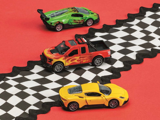 Set of three pull-back cars (green, red pickup with flames, yellow sports); available in small and medium sizes.