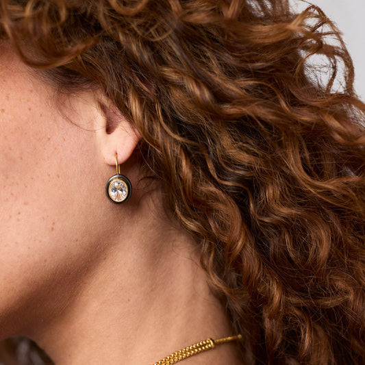 Infinity Earrings | Rainbow: large round gemstone, gold finish, vibrant rainbow design. Available in S, M, and L sizes.