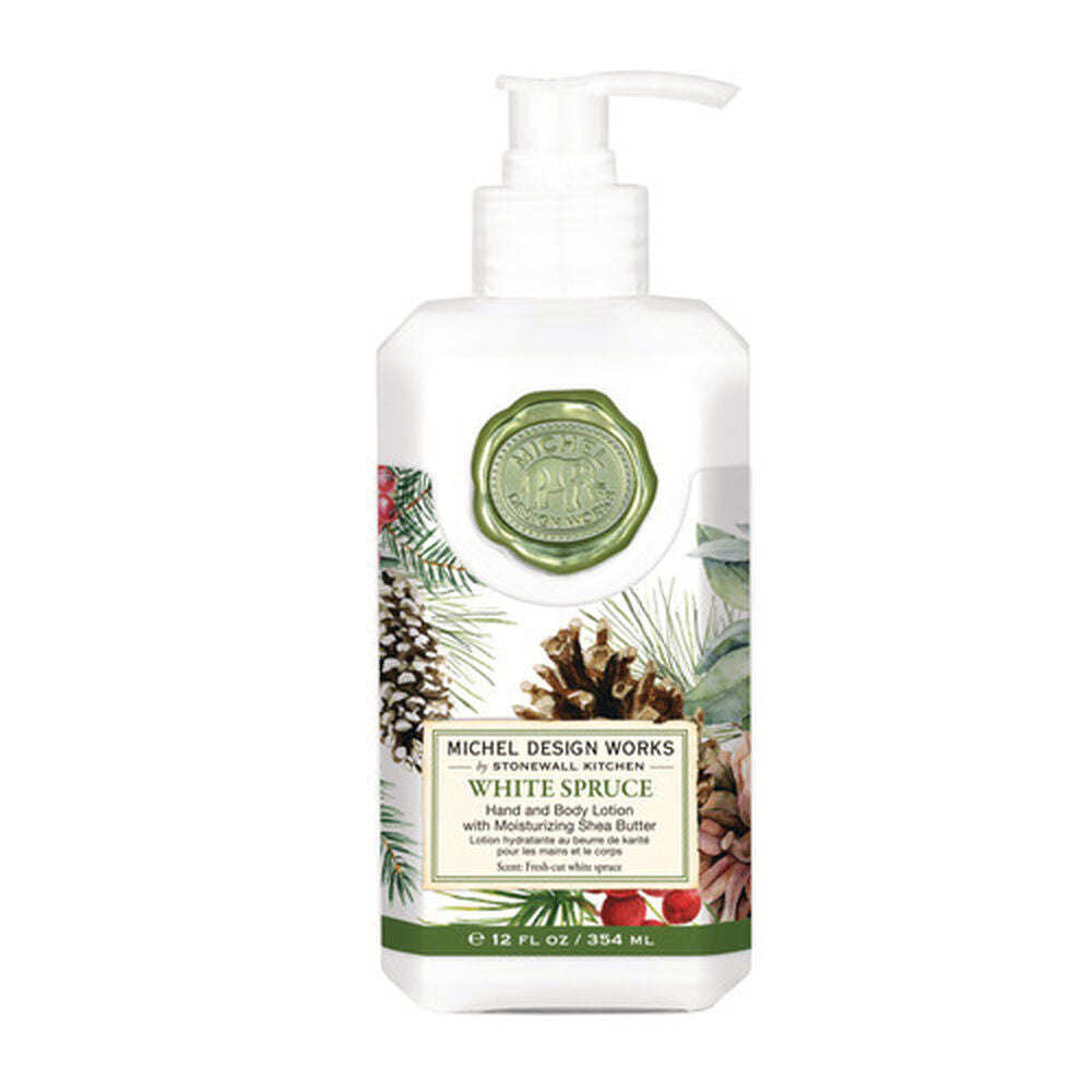 White Spruce Hand and Body Lotion, 12 fl oz (354 mL), pump dispenser, berry-themed label, shea butter, fresh spruce scent.