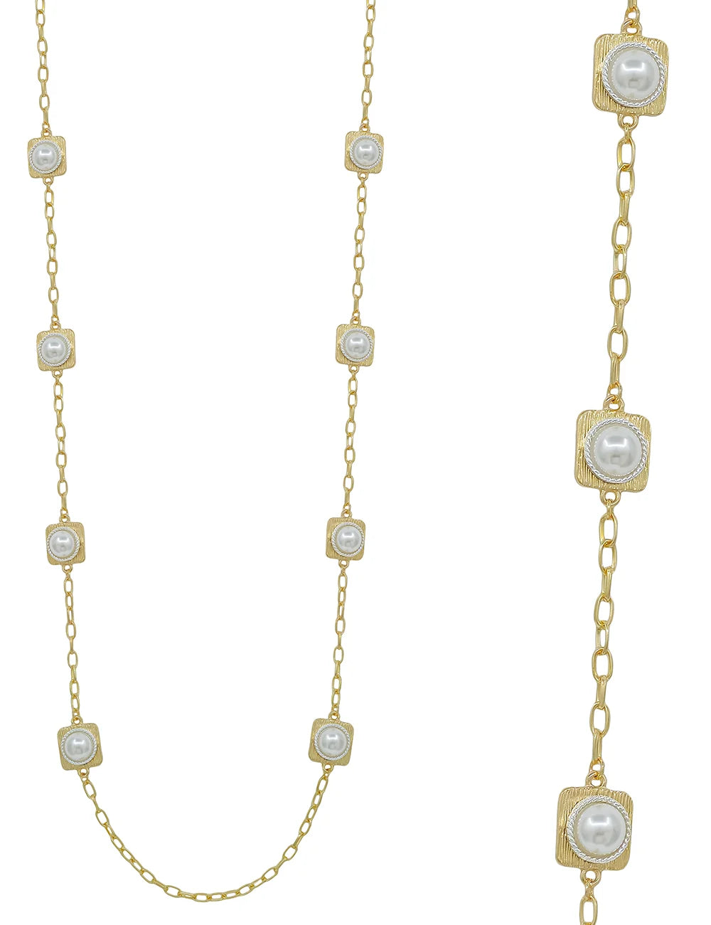 Fama Gold Pearl Necklace with square gold settings and round white pearls evenly spaced on a chain. Shown in full view and close-up. Available in 16-inch, 18-inch, and 20-inch sizes.