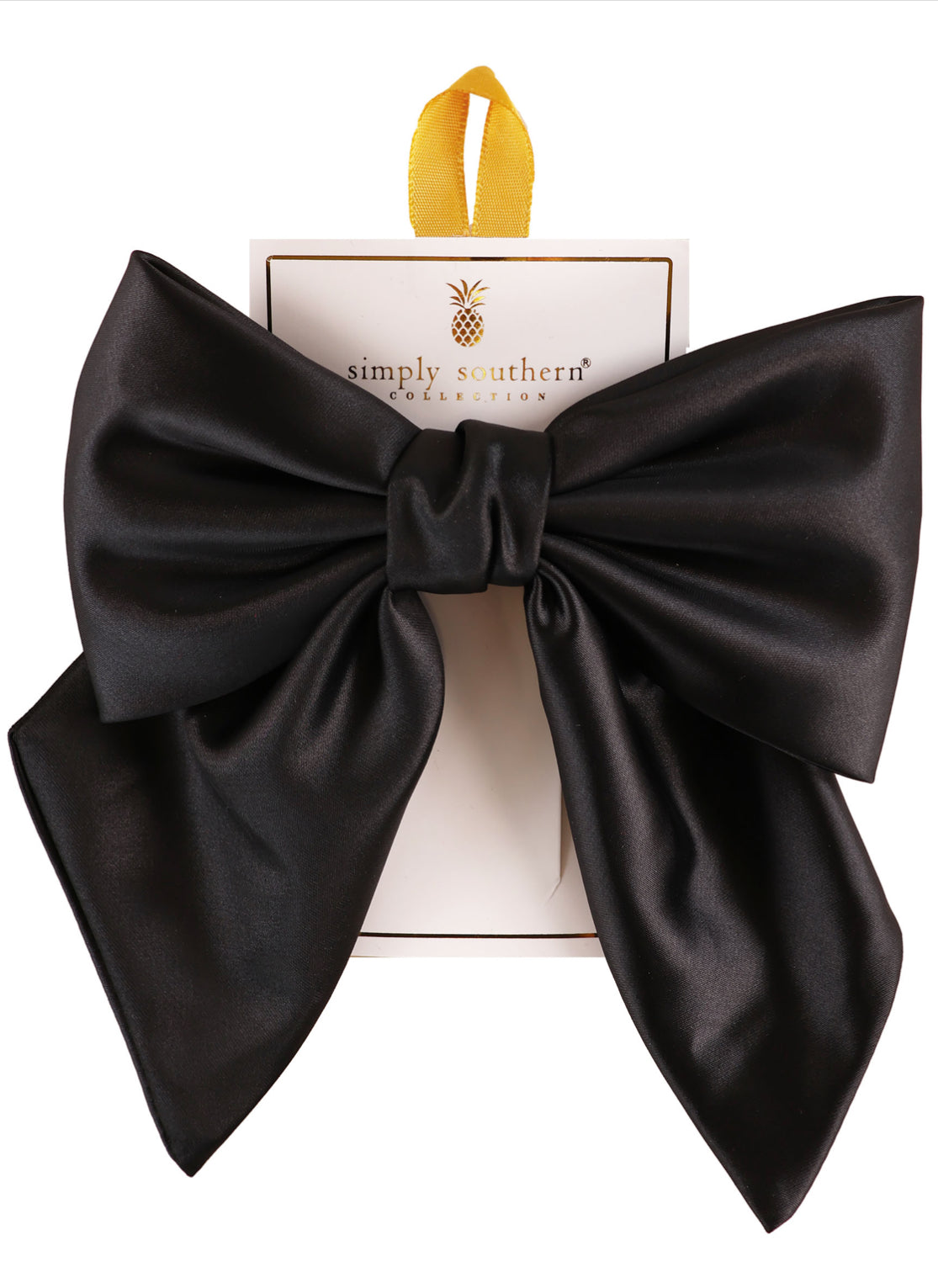 Large black satin bow from Simply Southern on branded card, yellow loop; available in large size.