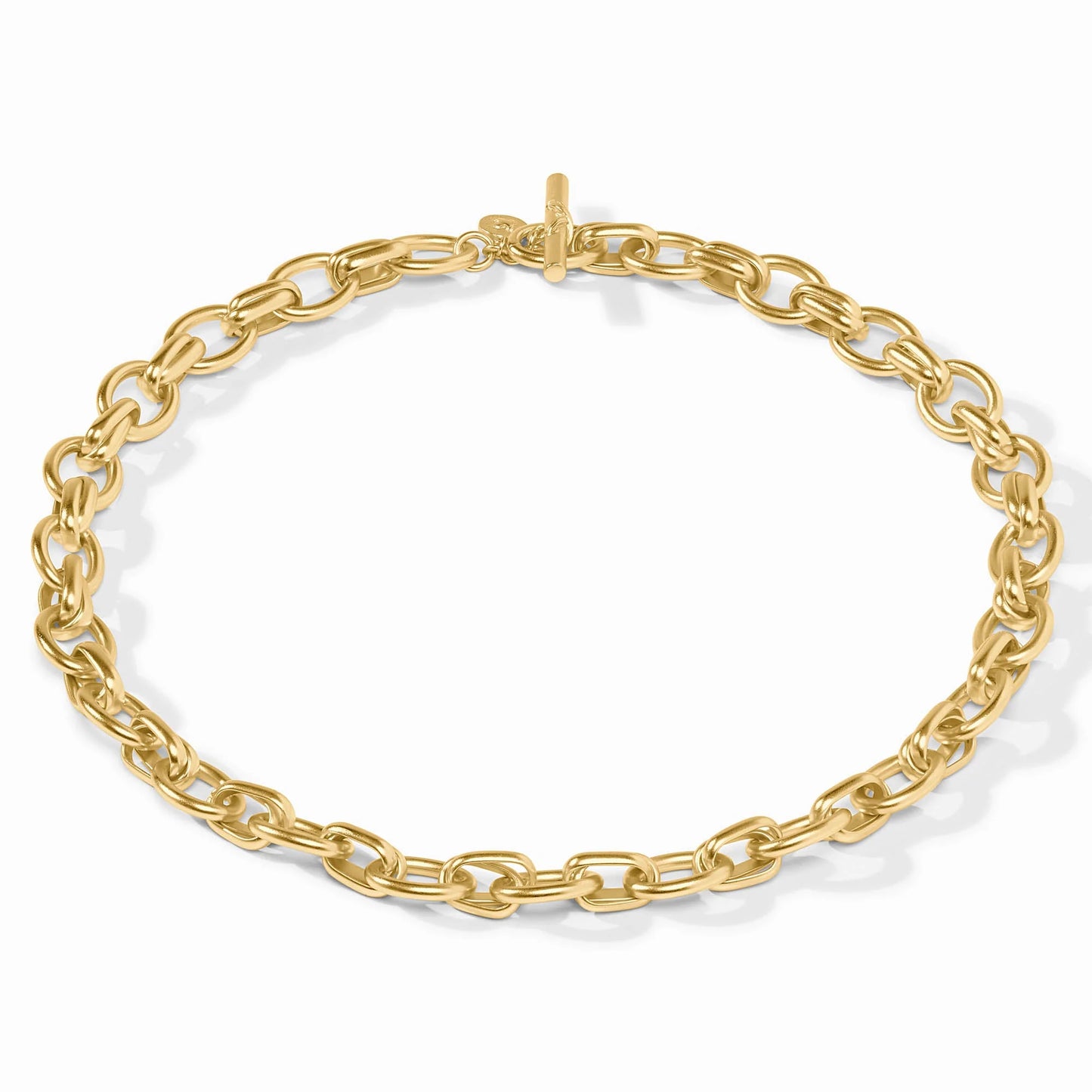 Essex Link Necklace: gold chain with oval links and toggle clasp, available in 24K gold plate. Adjustable length. Sizes available: 18″, 21″. Designed by Julie Vos.