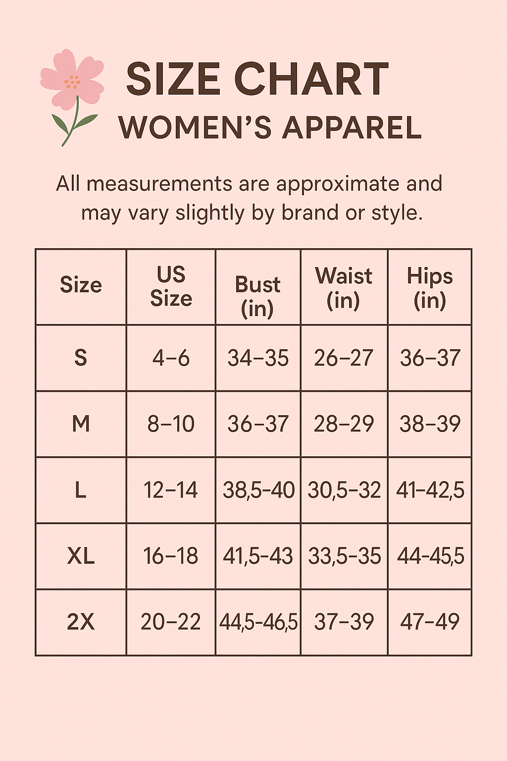 Women's Pullover Embroidered Bubble Sleeve Top size chart, S–2X, shows US sizes and bust, waist, hip in inches.