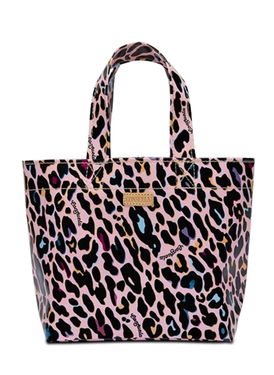 Utility tote with multicolored leopard print on pink, two handles, metallic label. ConsuelaCloth. Available in Mini, Medium, Maxi.