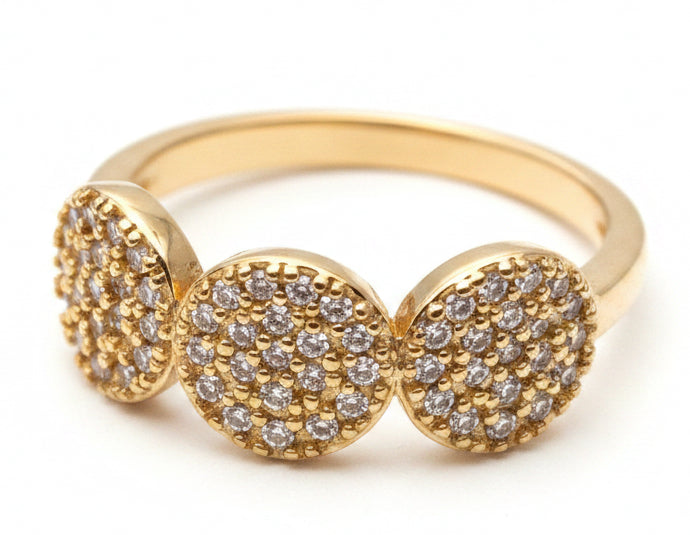 Golden Butterfly Pave Ring with three round crystal clusters on a simple gold band. Available in sizes 5–9.