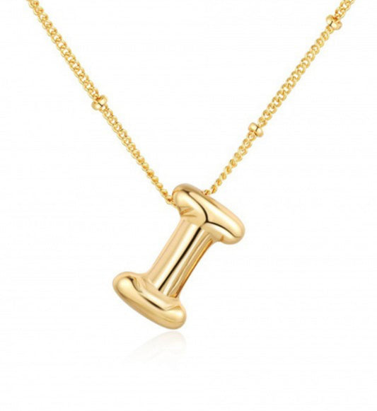 Gold capital "I" bubble letter pendant on a 16-18 inch beaded chain. Available sizes: 16, 18 inches.