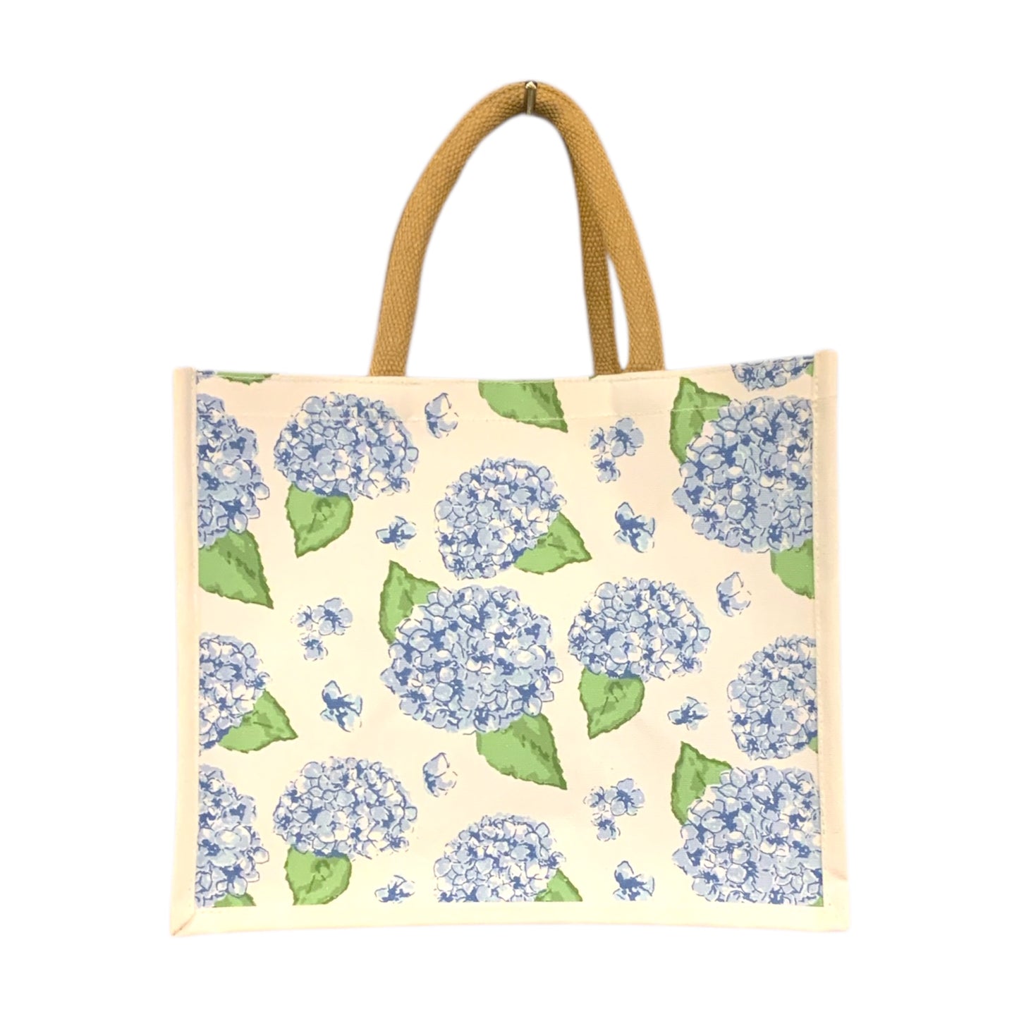 Reusable cotton tote with tan handles, blue hydrangeas, and green leaves on white. Available sizes: small, medium, large.