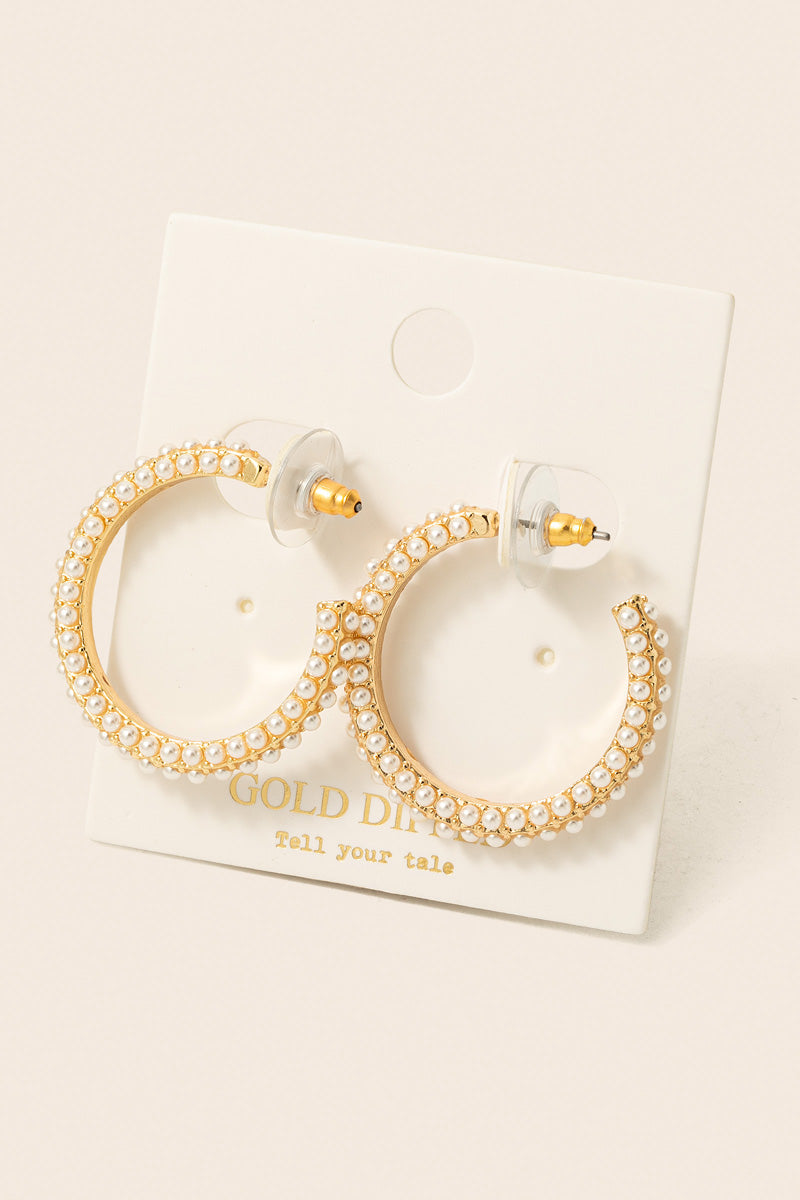 Gold and Pearl Textured 1" Hoop Earring
