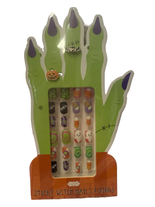 Sticky green nails with purple tips, Halloween designs. Available in S, M, L. Rings not included.
