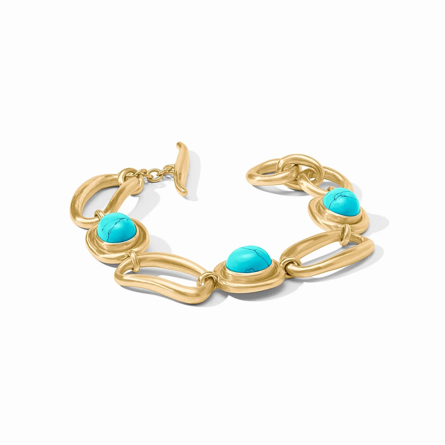 Wave Stone Bracelet Turquoise Blue with three round turquoise stones in 24K gold-plated oval frames. Sizes: S, M, L.