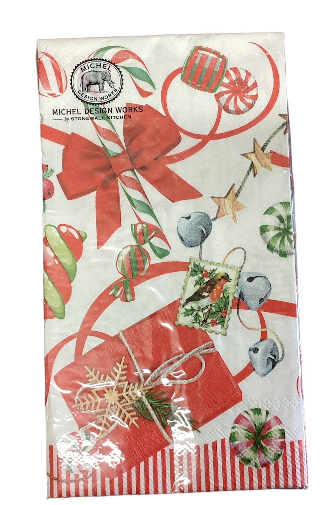 Holiday Napkins Hostess: white with red stripes, red bows, candies, bells, stars. Available sizes: standard and large.