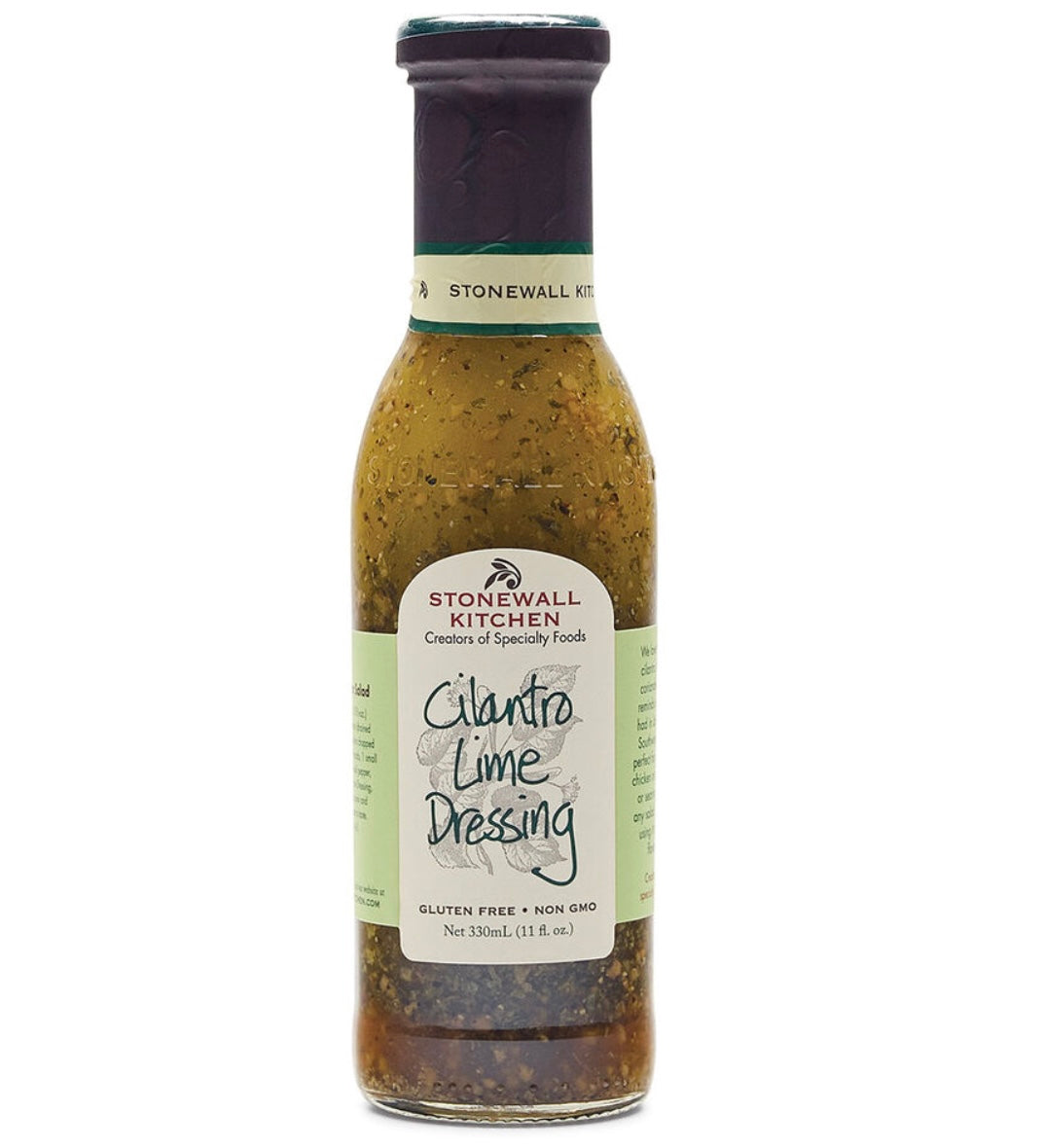 Stonewall Kitchen Cilantro Lime Dressing, green label, "Gluten Free," "Non-GMO." Available in 11 oz and 16.5 oz bottles.