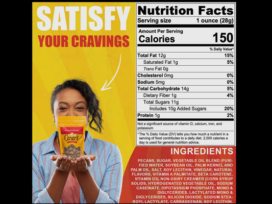Praline Pecans bag, 3oz size, with “SATISFY YOUR CRAVINGS” and nutrition facts visible.