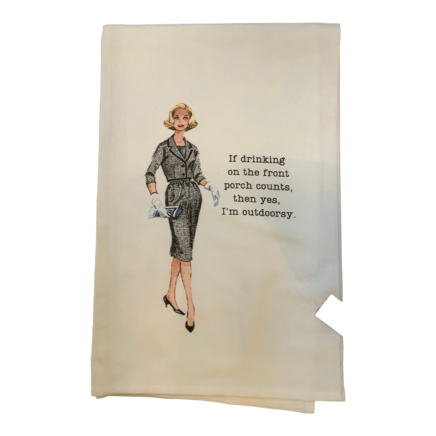 Absorbent beige flour sack towel with humorous saying. Available in 28"x28". Perfect for kitchen use.
