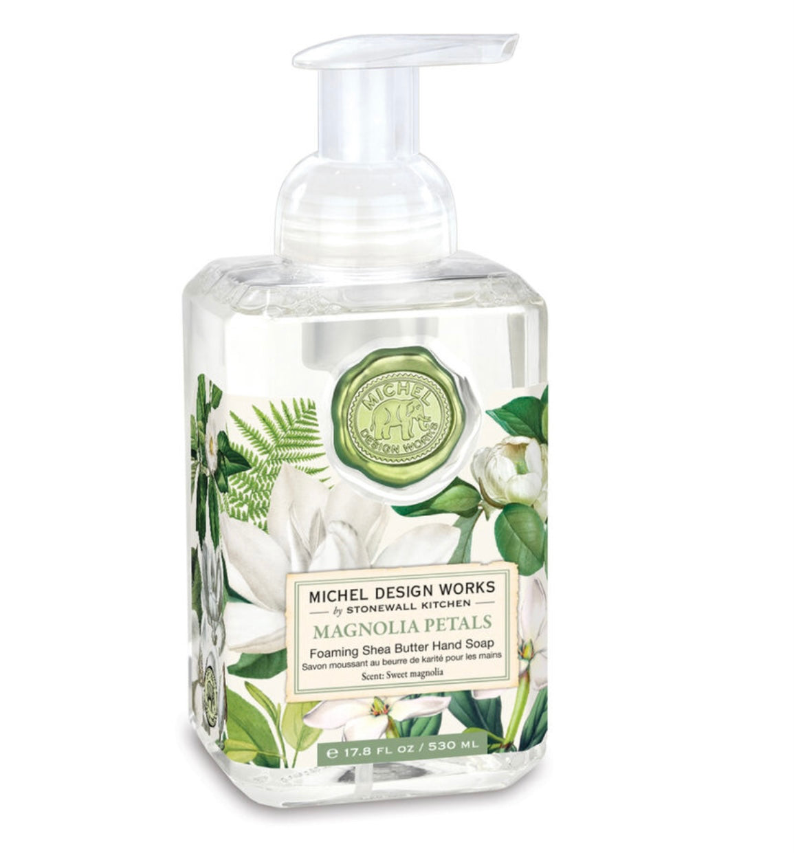 Magnolia Petals Foaming Soap in a clear bottle with white pump, floral label. Available in 17.8 fl oz.
