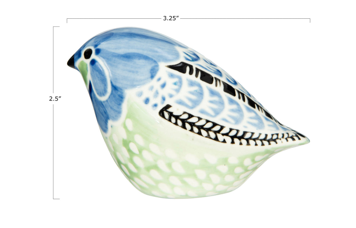 Hand-Painted Stoneware Bird, 3.25" long, 2.5" tall, blue and green with black and white wing detailing.
