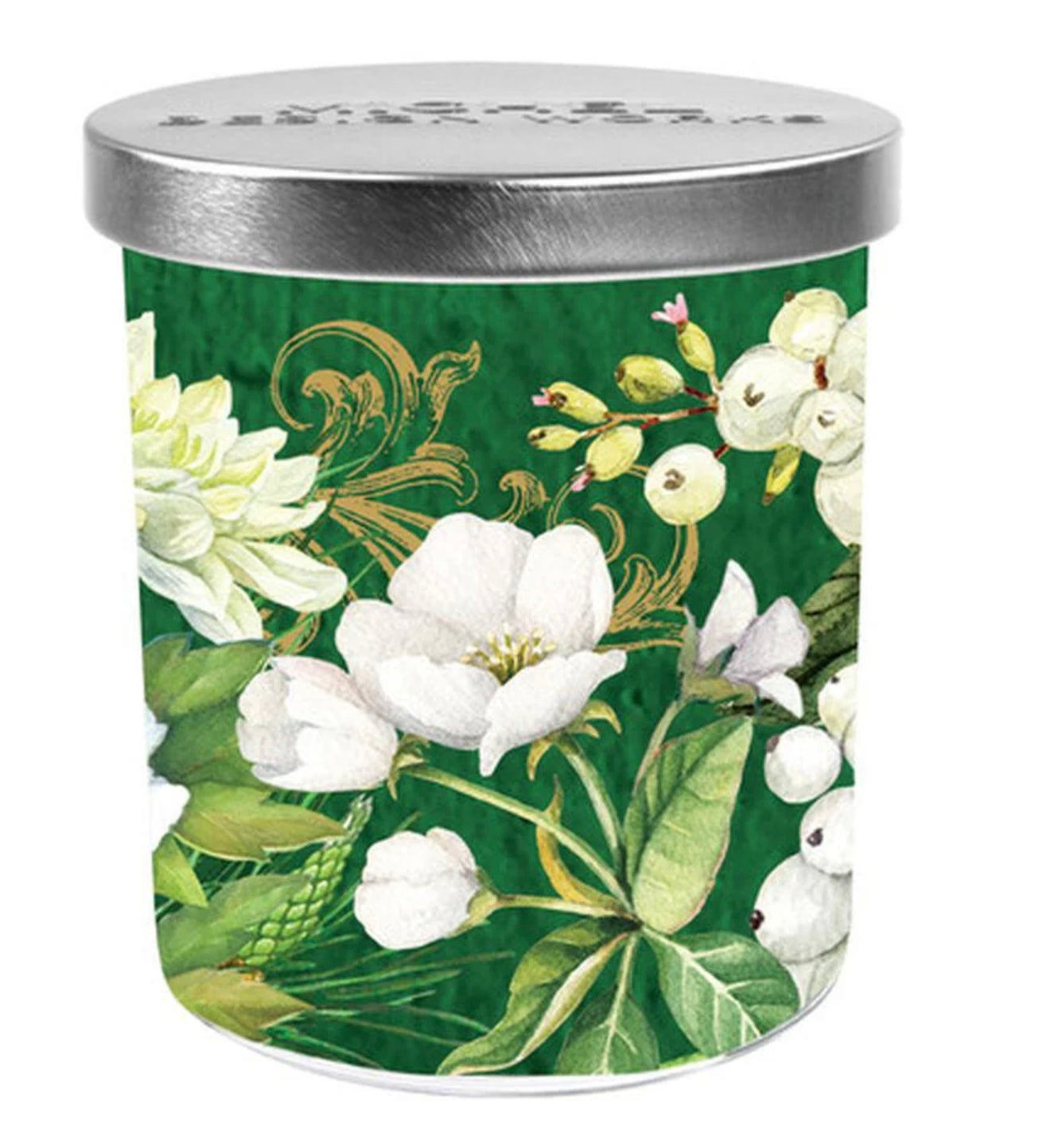 Winter Blooms Jar Candle with silver lid; soy wax, magnolia scent. Available in 8 oz and 16 oz sizes.