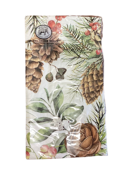 Holiday Napkins Hostess, paper napkins with pinecone and berry design, clear wrap, "Michel Design Works" label. Hostess size only.